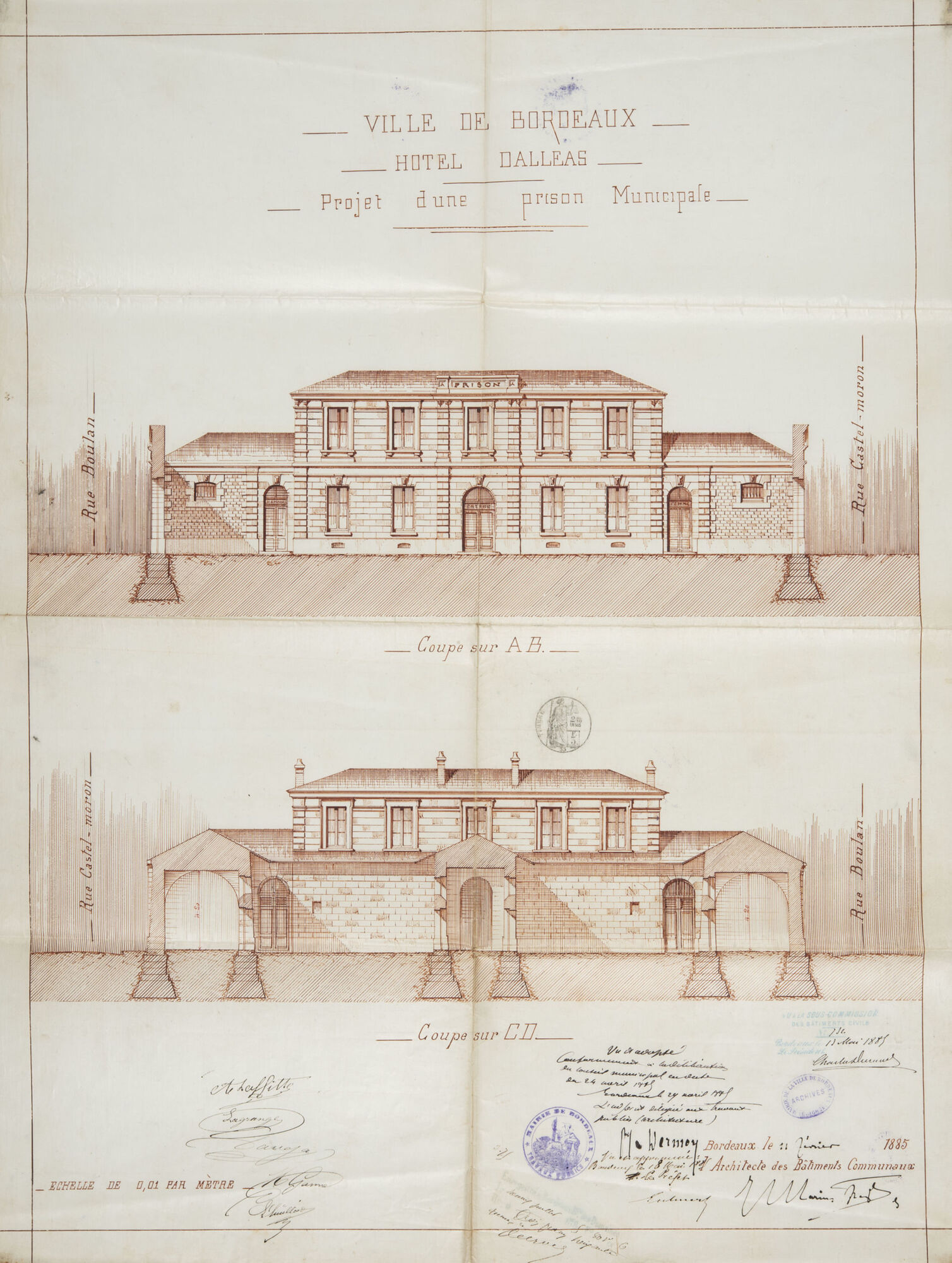 Projet de reconstruction de la prison municipale dans le jardin de l’hôtel Dalléas à Bordeaux dans laquelle sera installé le service anthropométrique, 1885.
Archives de Bordeaux Métropole, Bordeaux 65 M 3
