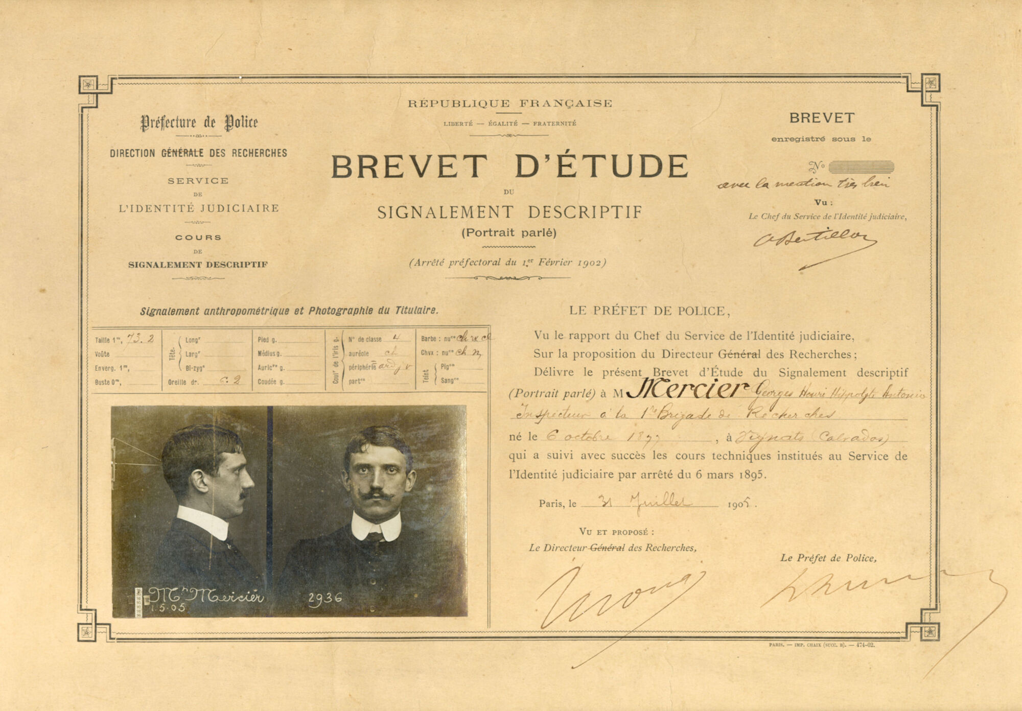 Brevet d’études du « cours de signalement et de reconnaissance anthropométrique » délivré à un inspecteur de la 1re brigade de recherches, 31 juillet 1905.
Coll. particulière de Pierre Piazza
