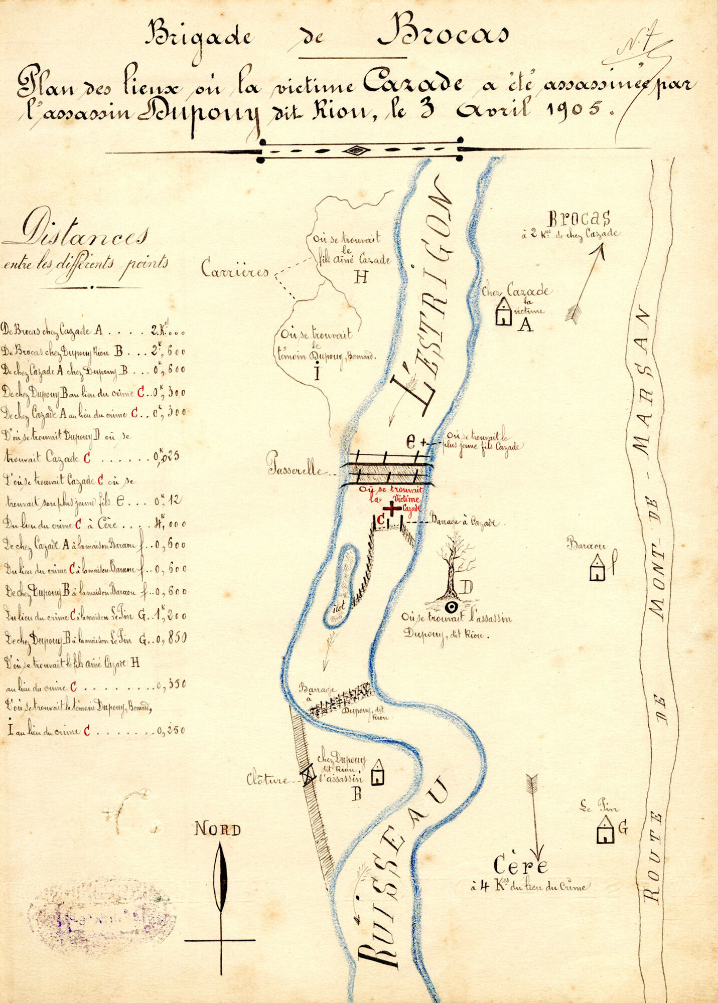 Plan des lieux de l’assassinat de Jean Cazade par Jean Dupouy dit Riou, Brocas, 3 avril 1905.
AD 40, 2 U 272
