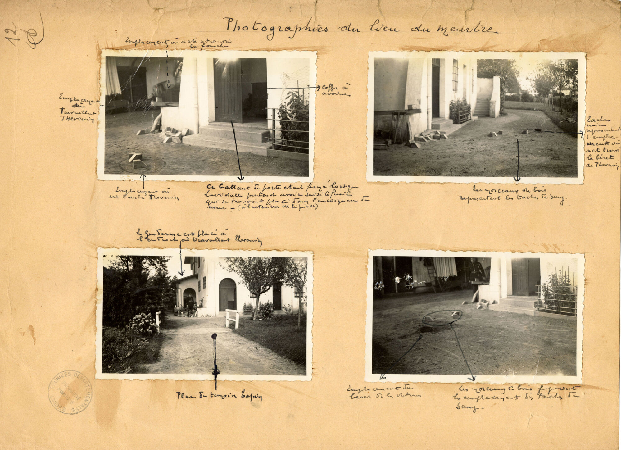  Planche photographique du lieu du meurtre d’André Thévenin par Marcellin Lavidalle, tirée du procès-verbal de transport du juge d’instruction de Mont-de-Marsan sur réquisition du Procureur de la République, Maison Lacaze, Mont-de-Marsan, 15 février 1936.
AD 40, 2 U 327
