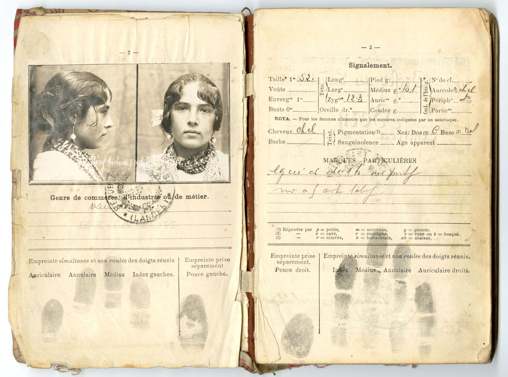 Carnet anthropométrique d’identité d’une « nomade » ayant circulé et résidé dans les Landes, 1913-1928.
AD 40, 4 M 59
