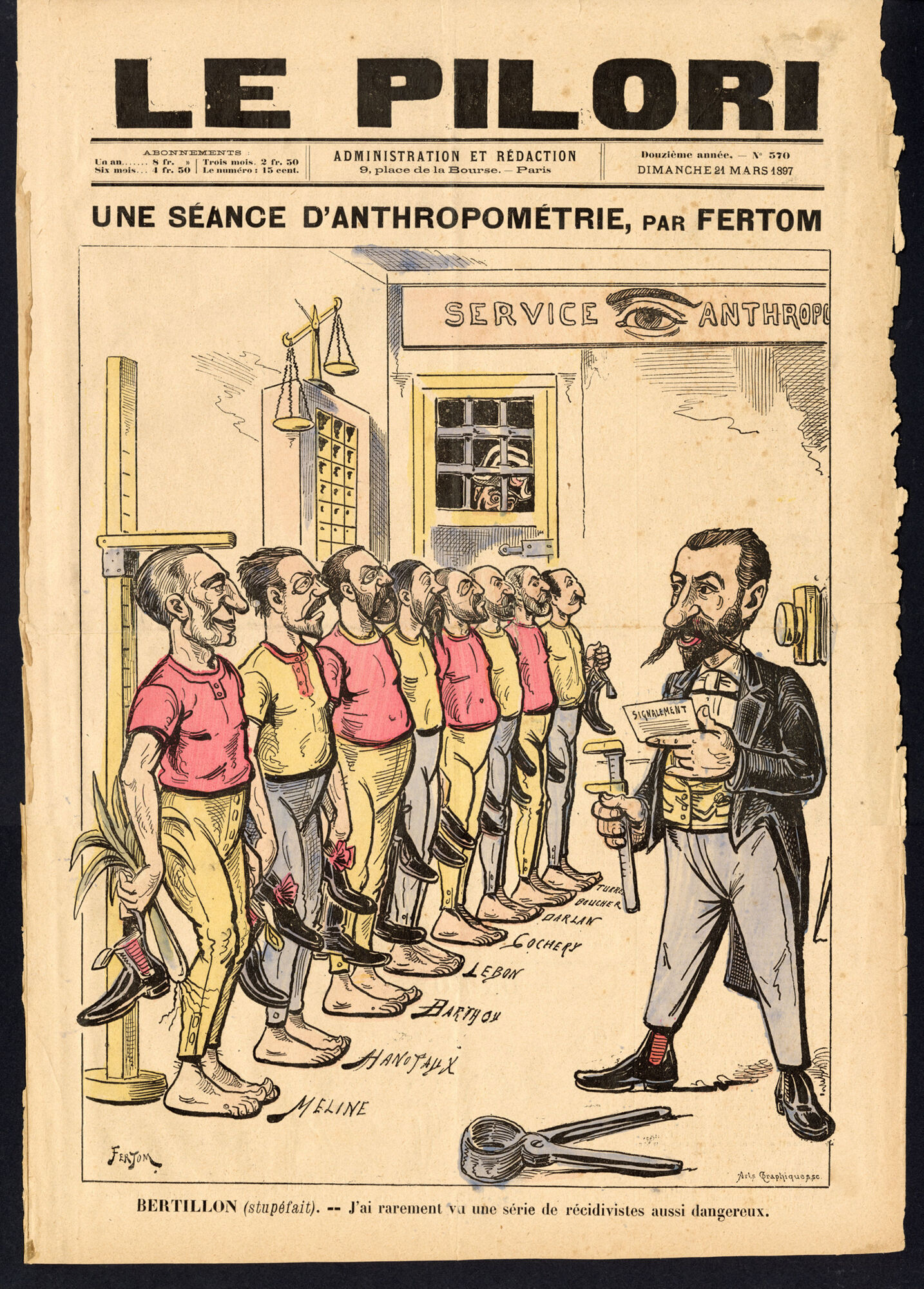 « Une séance d’anthropométrie », dessin de caricature publié dans Le Pilori, par Fertom (Charles Froment), 21 mars 1897.
Coll. particulière de Pierre Piazza

