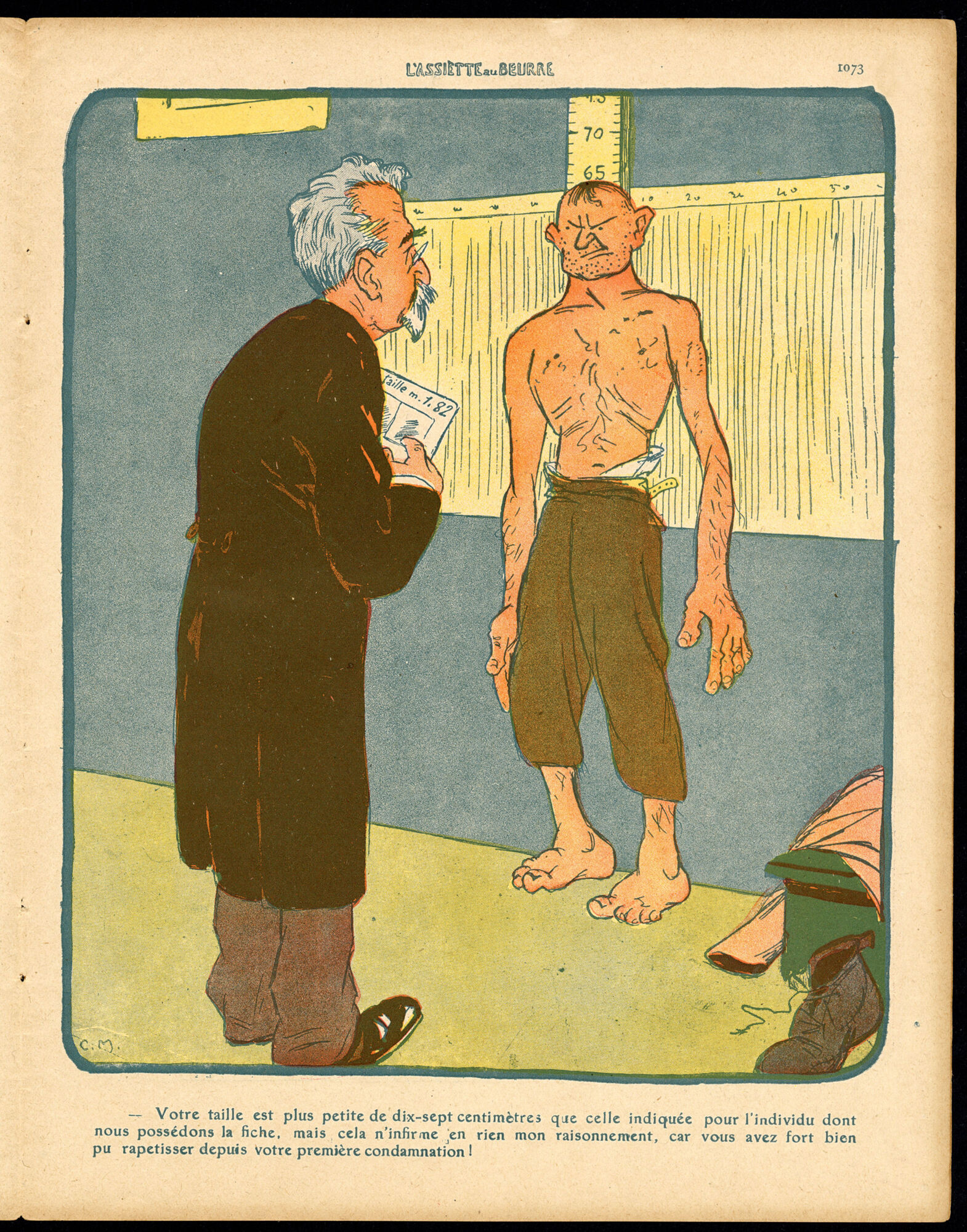 « Bertillonnades », dessin de caricature publié dans L’Assiette au Beurre, par Cesare Annibale Musacchio, 1909.
Coll. particulière de Pierre Piazza
