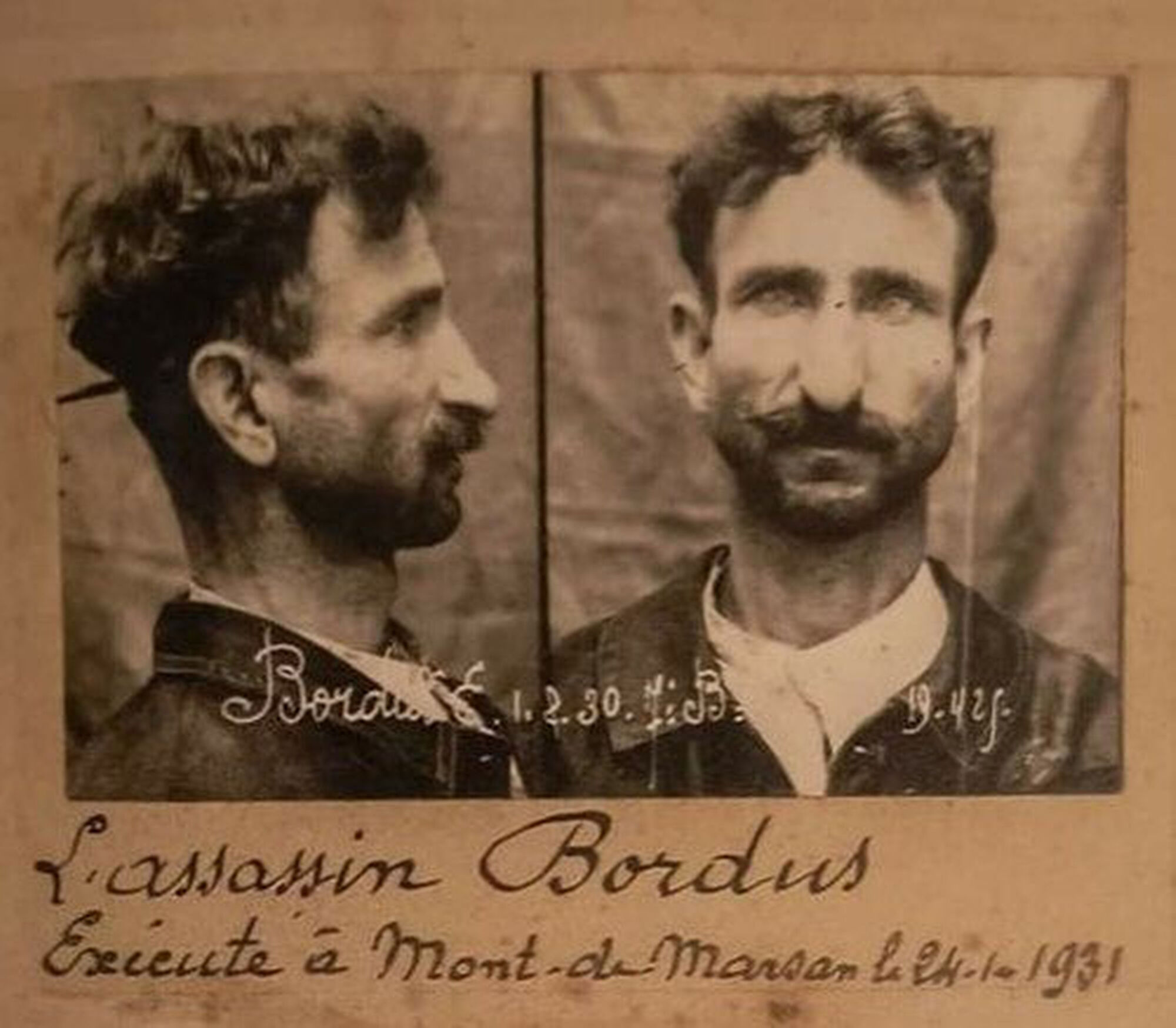 Photographie face/profil d’Étienne Bordus prise par la 7e brigade mobile du service régional d’Identification judiciaire, Bordeaux, 1er août 1930.
Archives de la Préfecture de police de Paris, Y B 37
