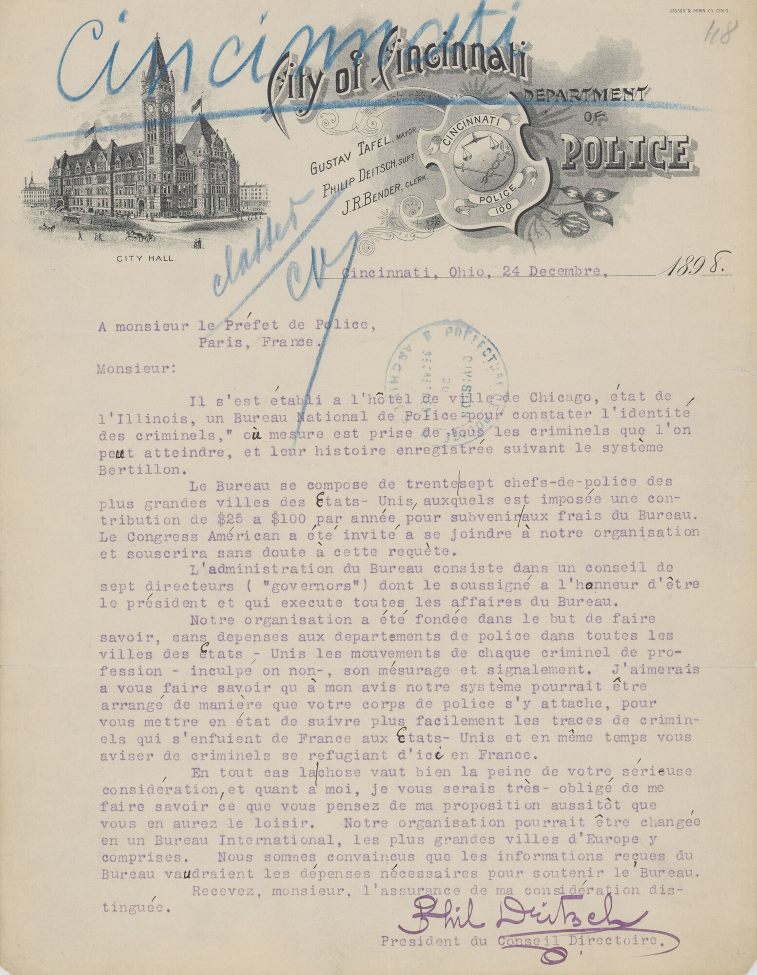 Lettre adressée au préfet de police de Paris par le président du conseil du Directoire du bureau national de police de Chicago, 24 décembre 1898.
Archives de la Préfecture de police de Paris, DB 47

